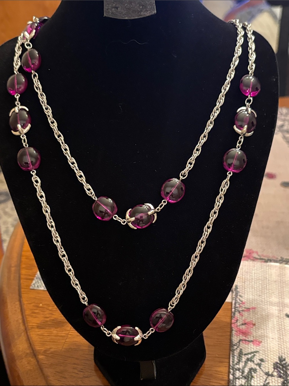 Trifari Silver-Tone Necklace with Deep Purple Glass Beads